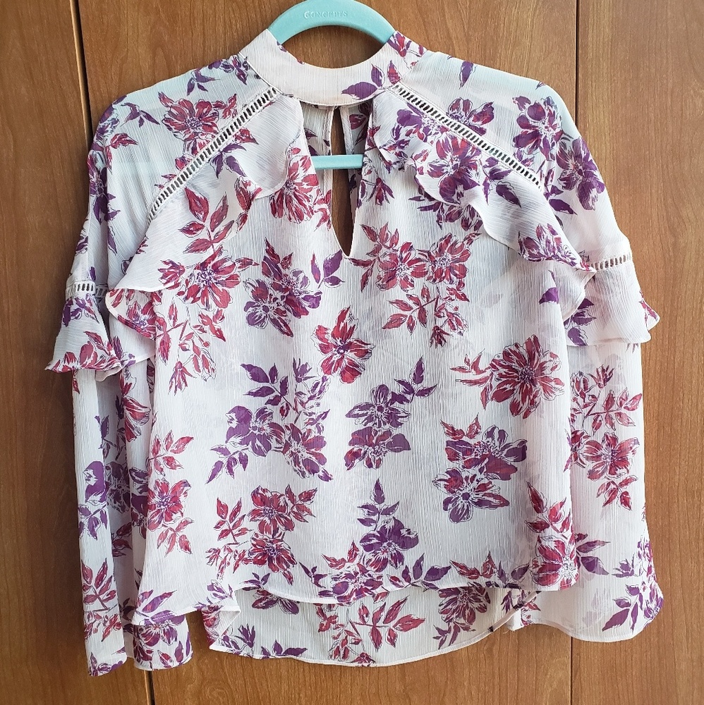 Express Sheer Ruffle Keyhole Blouse